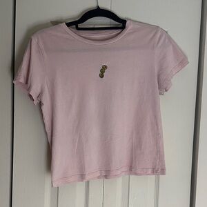 Pink Short Sleeve Crewneck Tee with Olive Embroidery